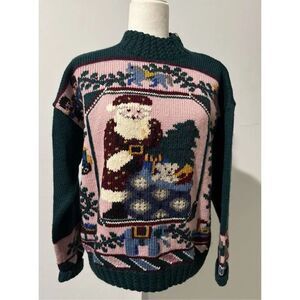 SouthWool hand loomed 100% virgin wool Santa and toys  knit sweater M